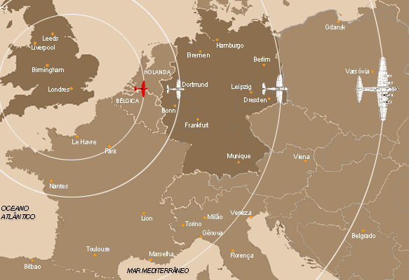 evolução do alcance do P-47 sobre o mapa da Europa